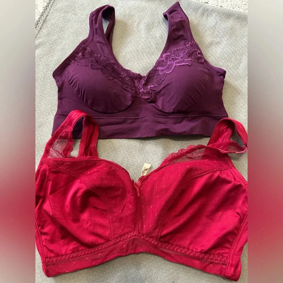 2 New Rhonda Shear Bras - Purple Seamless with Lace & Mesh Dot Pin-Up  Red, XL - Picture 1 of 4